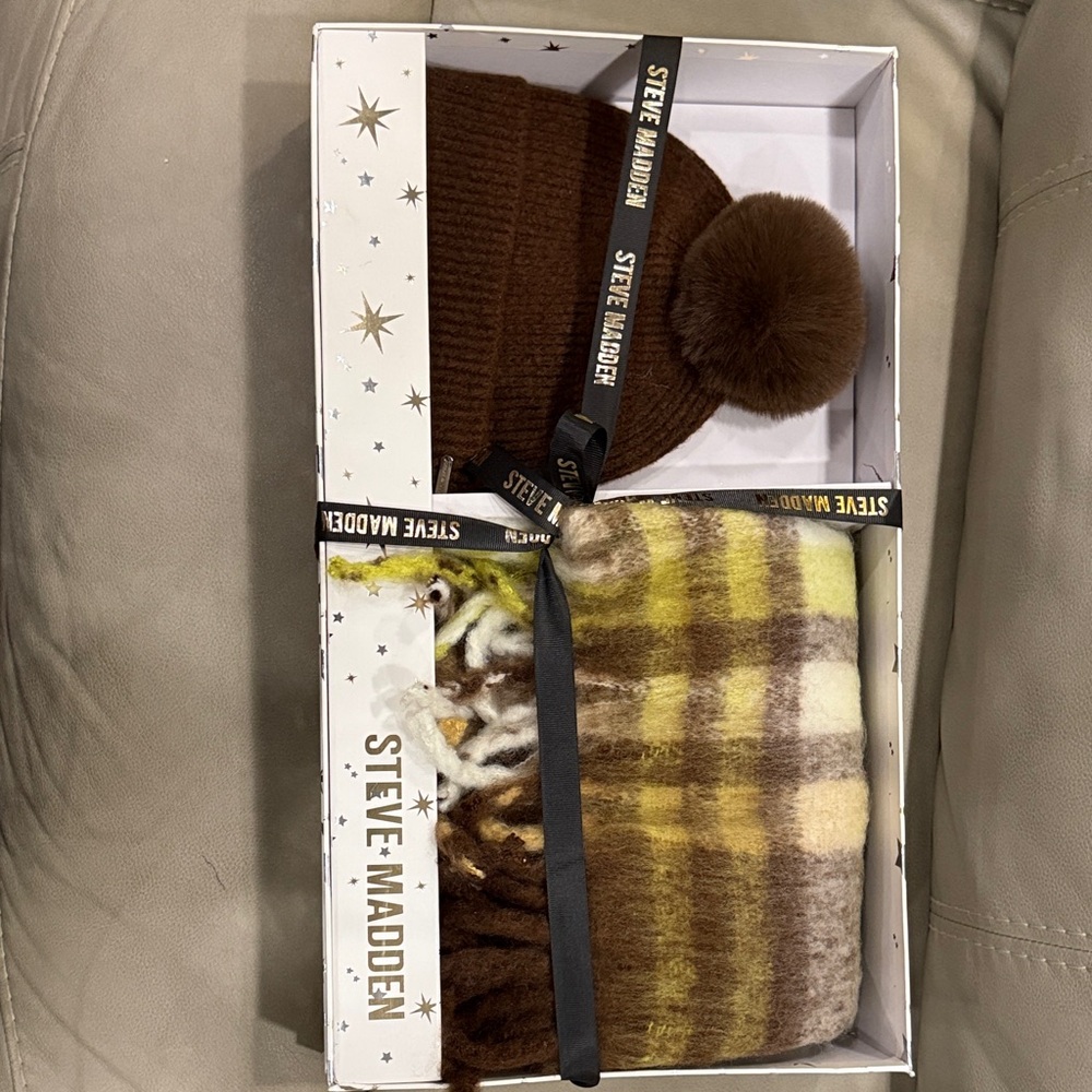 Steve Madden Chocolate Beanie and Yellow Plaid Scarf Set